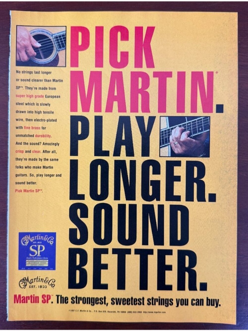 Vintage 1998 Pick Martin Play Longer Guitar Magazine Advertisement Print Ad
